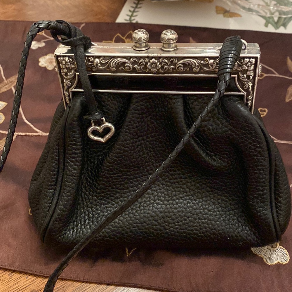 Vintage EUC Brighton Bag…black leather with  lovely silver hardware